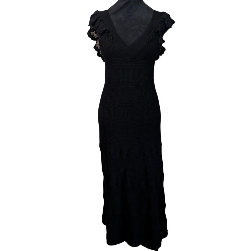 Sézane "Aphrodite" Black V-Neck Romantic Midi Dress Quiet Luxury Classy